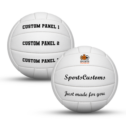 Personalized White volleyball with custom name, number, logo, or message, featuring durable UV printed personalization on multiple panels, perfect for volleyball players and personalized gifts.