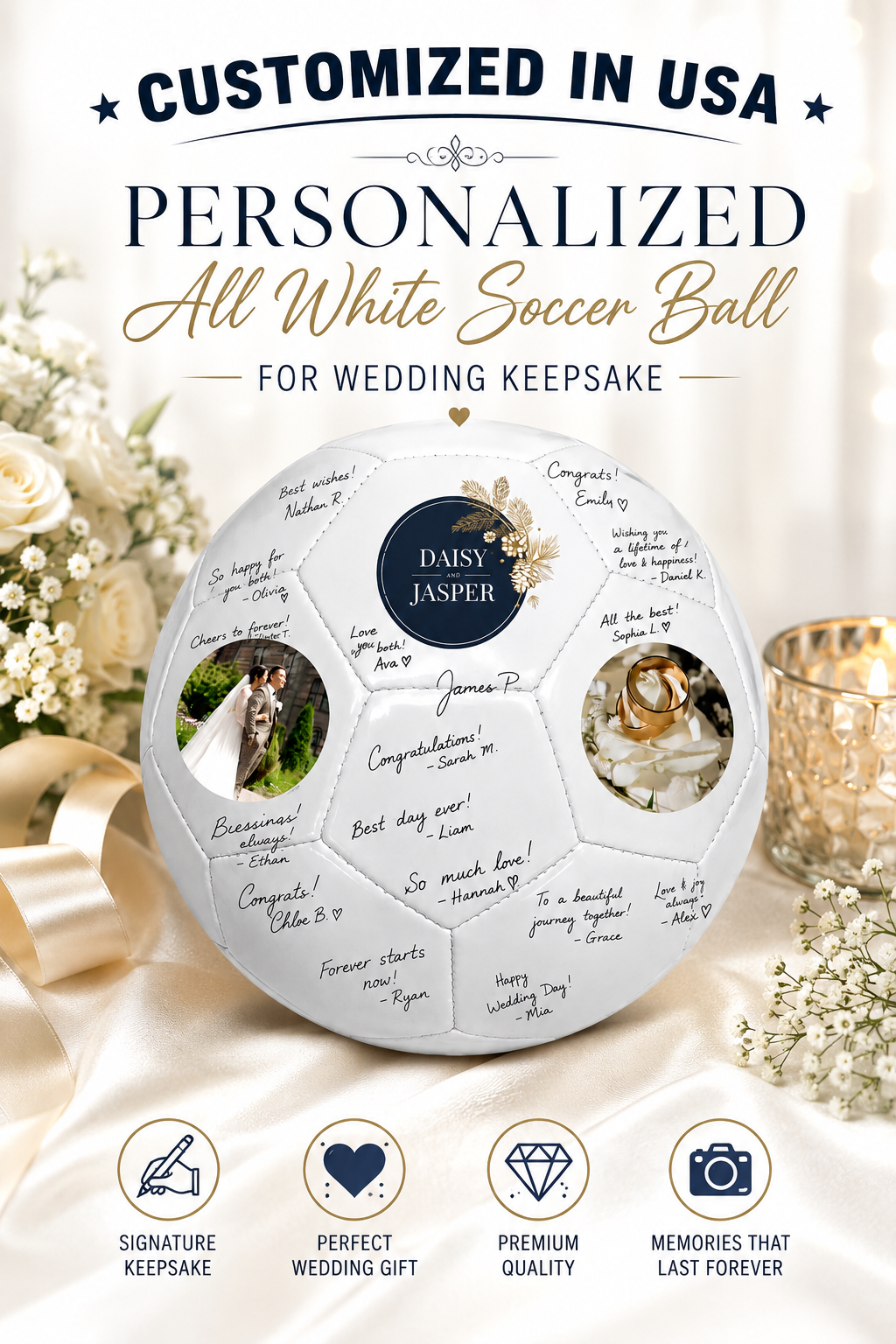 Personalized all white soccer ball for wedding keepsake featuring custom names, photos, and guest signatures. Unique customized wedding gift, bridal shower guest book alternative, and anniversary memory ball with elegant white design.