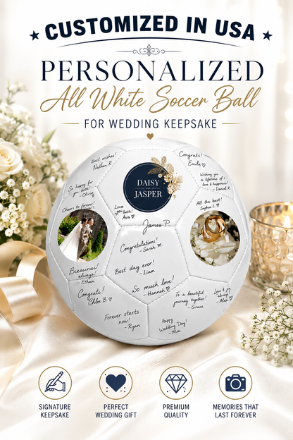 Personalized all white soccer ball for wedding keepsake featuring custom names, photos, and guest signatures. Unique customized wedding gift, bridal shower guest book alternative, and anniversary memory ball with elegant white design.