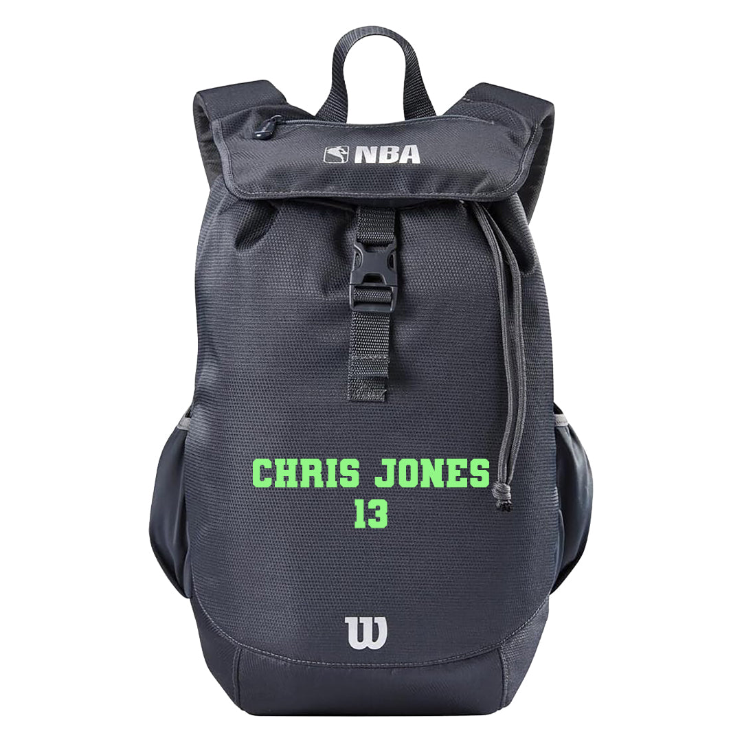 Customized Wilson NBA Basketball Backpack Varsity Font in Bright Green 2 lines