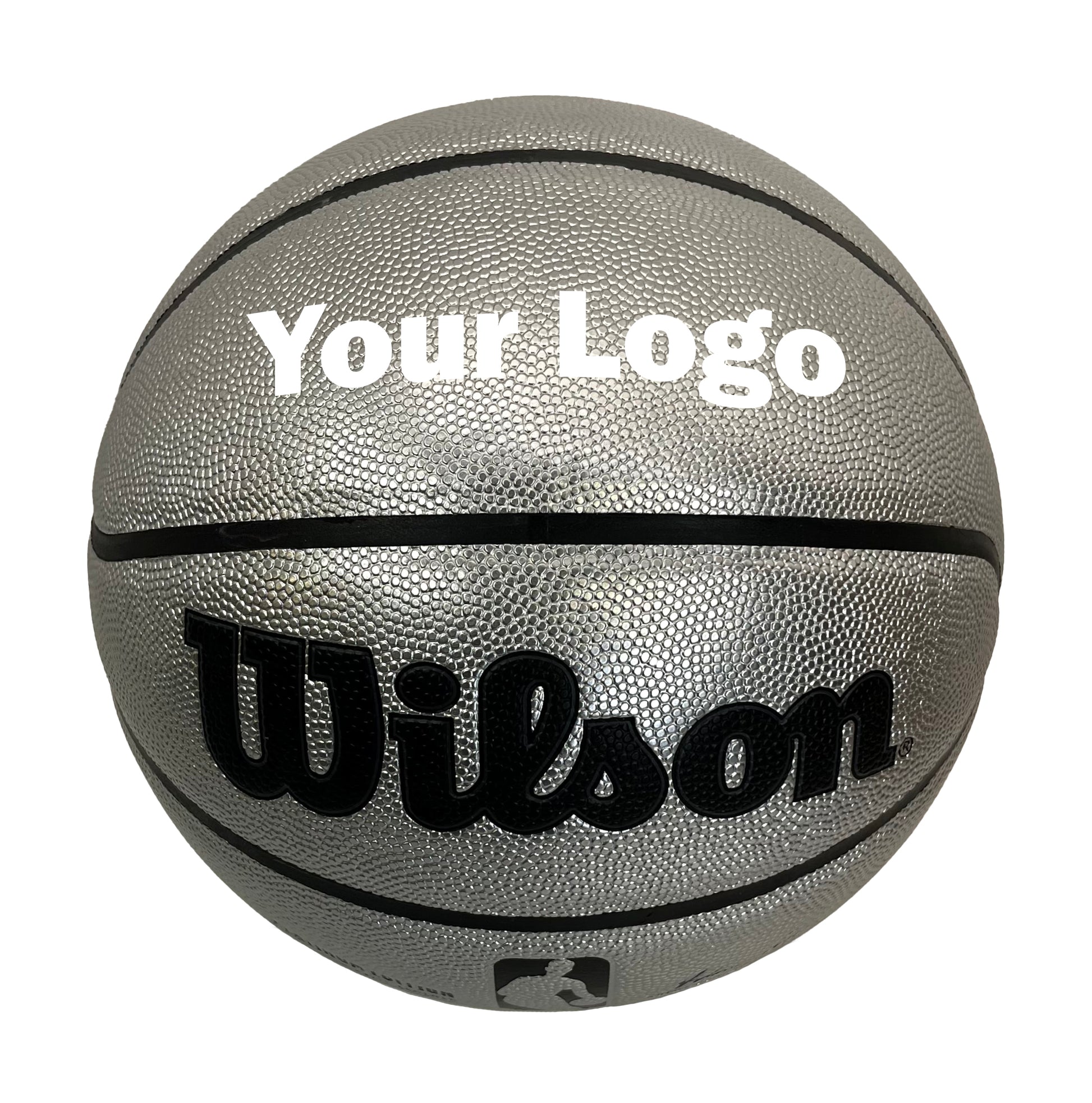 Customized Personalized Wilson Platinum Silver and Black Basketball in white text