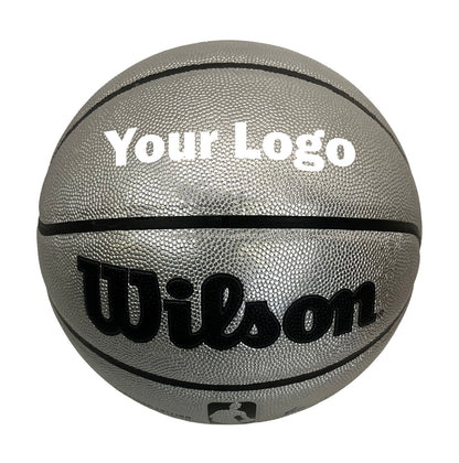 Customized Personalized Wilson Platinum Silver and Black Basketball in white text