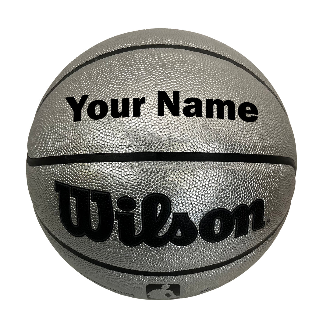 Customized Personalized Wilson Platinum Silver and Black Basketball in default black font