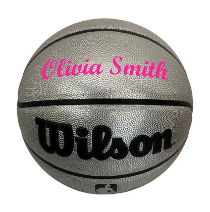 Customized Personalized Wilson Platinum Silver and Black Basketball in SCRIPT MT FONT in color pink text.