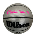 Load image into Gallery viewer, Customized Personalized Wilson Platinum Silver and Black Basketball in SCRIPT MT FONT in color pink text.
