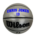 Load image into Gallery viewer, Customized Personalized Wilson Platinum Silver and Black Basketball in VARSITY TEAM FONT in color blue  2 lines text
