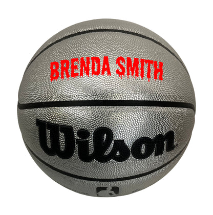 Customized Personalized Wilson Platinum Silver and Black Basketball in DRIP FONT color red text.