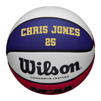 Customized Wilson Red White and Blue Basketball with Gold Text