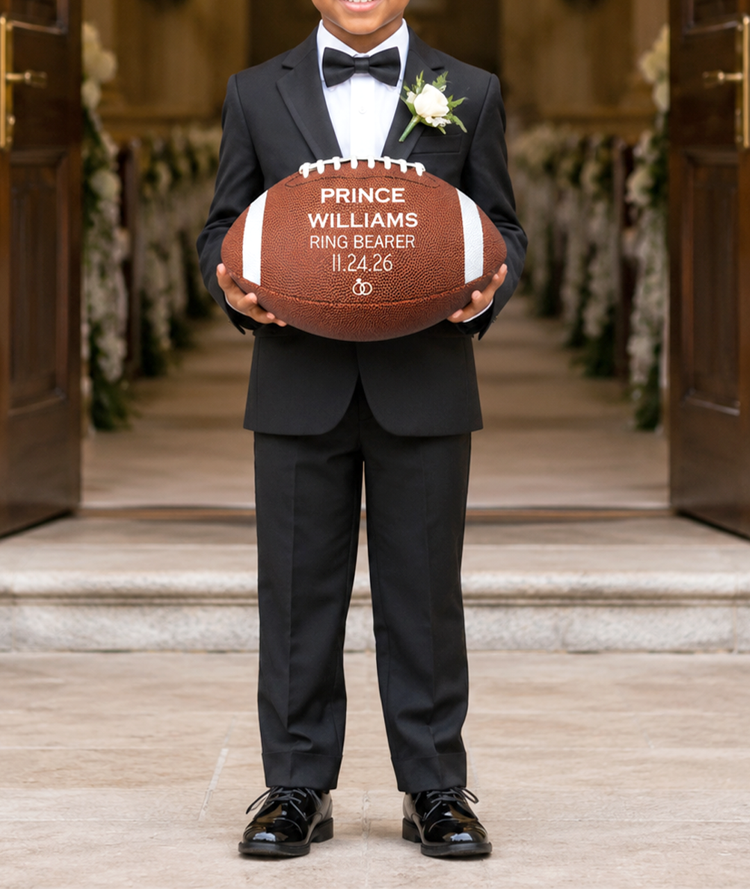 Customized football featuring "Ring Bearer" Perfect Gift for Wedding Event with elegant wedding decorations and floral arch.